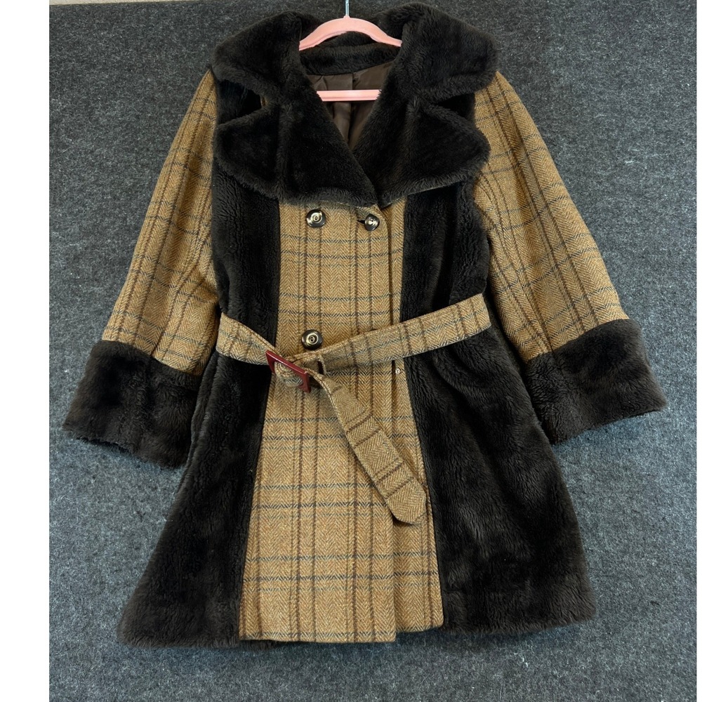 VINTAGE 50s Faux Fur Coat Womens Medium Brown Plaid Belted Double Breasted 60s